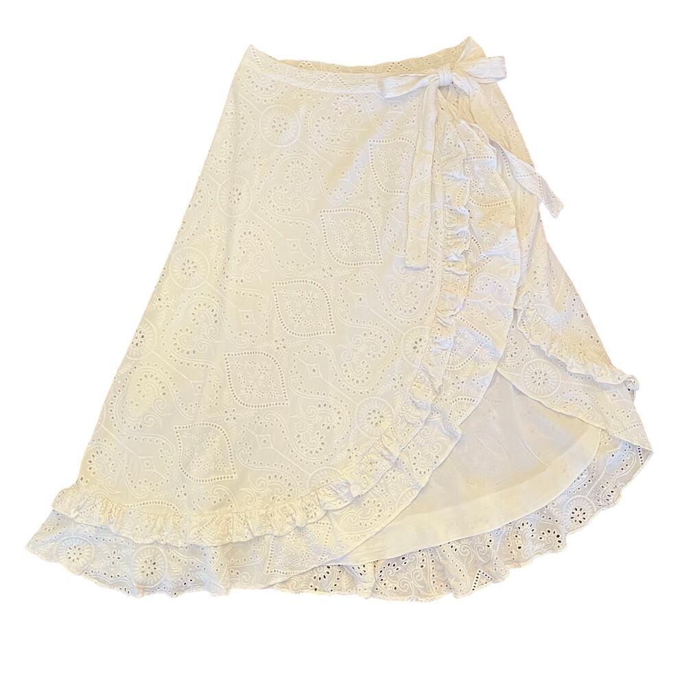 Encantadore Sarong Wrap Skirt Coverup M Eyelet Embroidered White Beach Resort - Picture 13 of 16